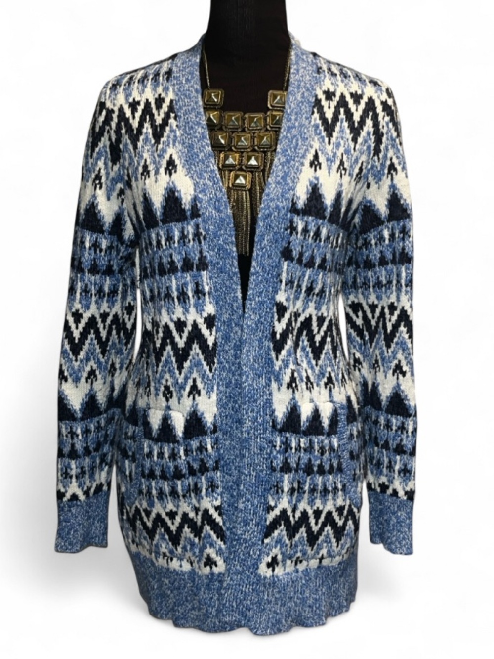 LL Bean Vintage Blue Patterned Open-Front Women's Cardigan Sweater
